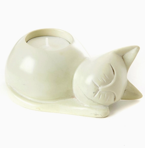 Natural Soapstone Cozy Cat Tea Light Candle Holder